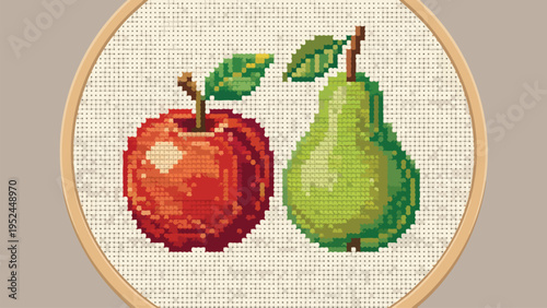 Charming Cross-Stitch Apple and Pear in Wooden Embroidery Hoop on Textured Fabric Background, Handcraft Art Design