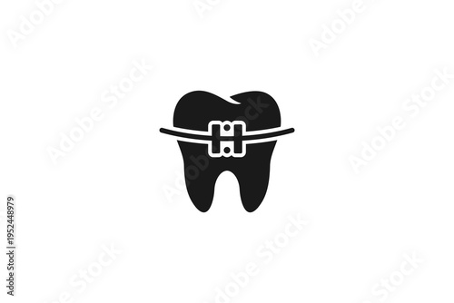 Stylized Human Tooth Icon with Orthodontic Braces on White Background
