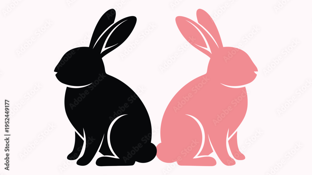Fototapeta premium Two stylized rabbits one black and one pink are depicted in a simple illustration