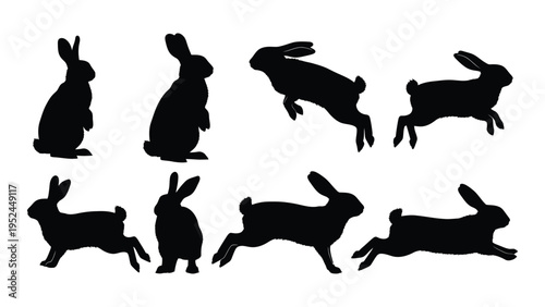 Silhouettes of rabbits in various dynamic poses showcasing movement and form