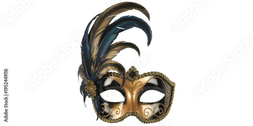 A detailed Venetian-style masquerade mask with an elaborate feathered design. 
