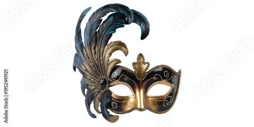 A detailed Venetian-style masquerade mask with an elaborate feathered design.