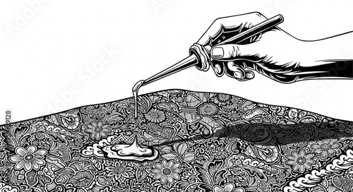Hand applying liquid with pipette to textured surface illustration.