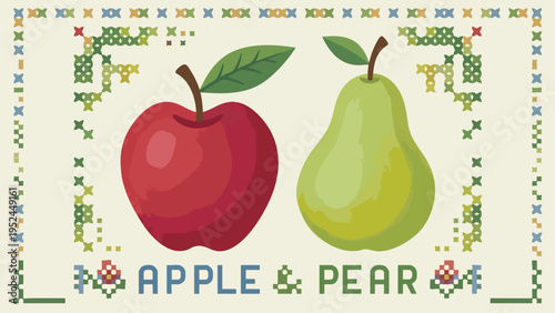 Red Apple and Green Pear Cross-Stitch Illustration with Decorative Folk Art Border and Text on Beige Background