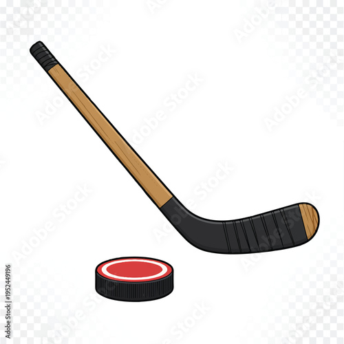 A digital illustration of a hockey stick and puck on a white background with a subtle gray checkered pattern