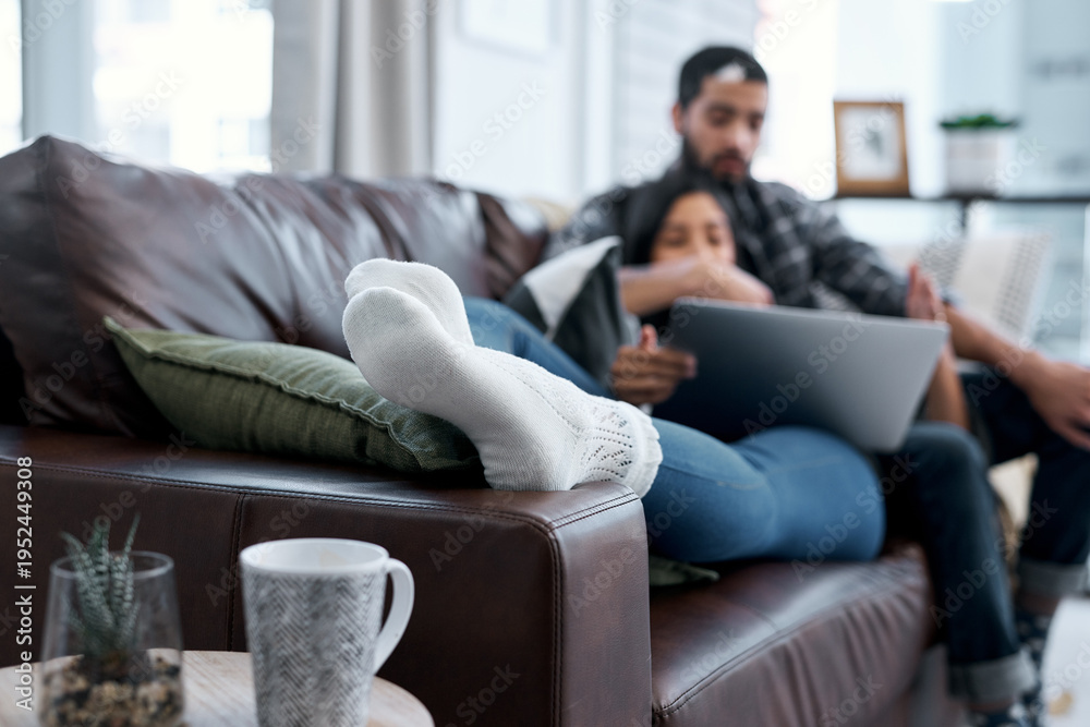 Fototapeta premium Relax, rest or couple on tablet in lounge for movie choice, online subscription and streaming website. Man, woman and break with technology for bonding, internet search and film or social media