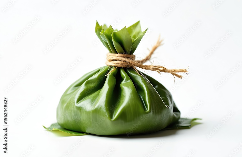 Naklejka premium This is a single zongzi, a traditional Chinese rice dumpling wrapped in green leaves and tied with twine. The food rests on a white background, ready for a festival.
