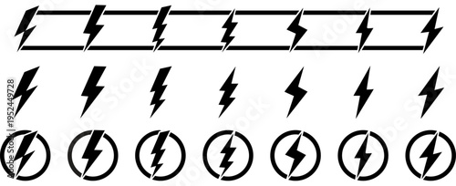 Lightning bolt vector icon set, black power symbols and electric charge signs on white background