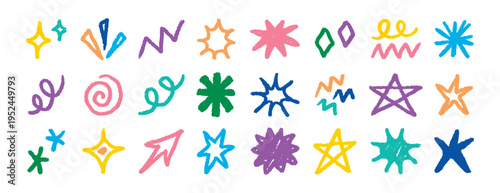 Minimal handdrawn stars and icons aligned in tidy rows, consistent stroke weight and muted palette with bright accents, versatile for logos, app icons, educational materials and printable stationery