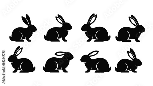 A collection of stylized black rabbit silhouettes in various poses