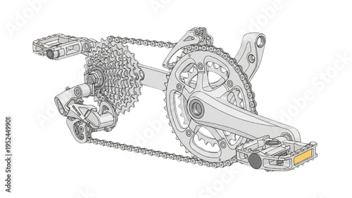 Bicycle drivetrain system, CAD style detailed technical illustration