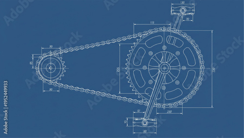 Bicycle chain drive blueprint with dimensions, CAD technical drawing