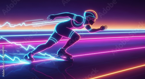 Neon Speed Skater Glowing in Futuristic Cyberpunk Cityscape