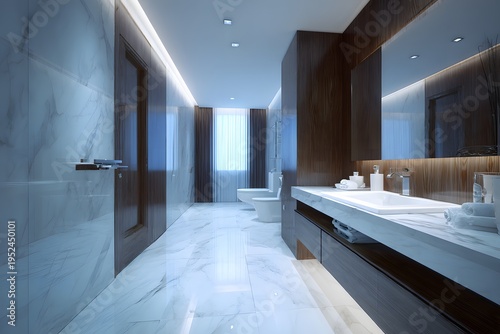 Modern bathroom interior with white marble floor and dark wood accents