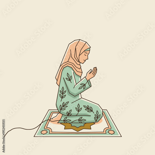 Muslim Woman Praying Salah Islamic Prayer Worship Vector Illustration with Hijab Prayer Mat Mihrab Arch Ramadan Eid Religious Faith Islamic Art