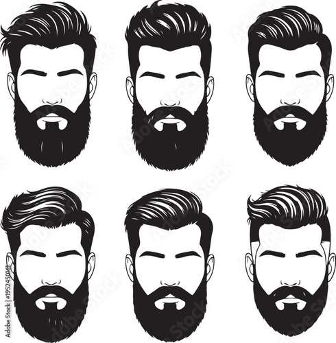 Hipster hair and beards, fashion vector illustration set.