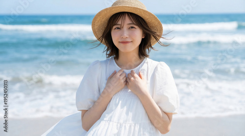 Cheerful young Japanese woman smiling at camera in a white short-sleeve dress