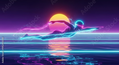 Neon swimmer in retro synthwave sunset ocean, digital art