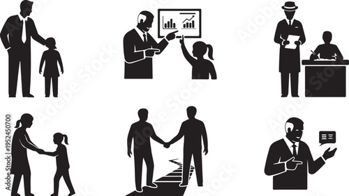 Silhouette icons of business people and family interactions