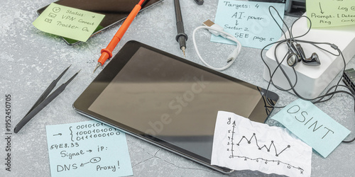 Cybersecurity and digital forensics concept. Professional OSINT investigator workspace with tablet