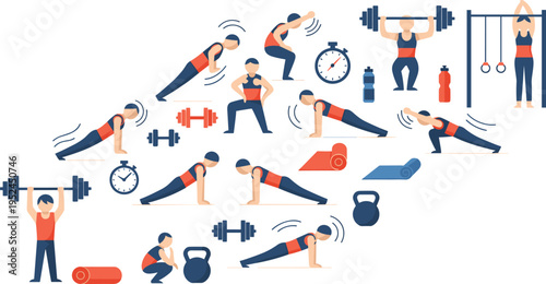 Home Fitness Workout Vector Illustration Set Featuring Strength Training, Push Ups, Squats, Dumbbells, Kettlebell, Gymnastic Rings, and Full Body Exercise Routine.