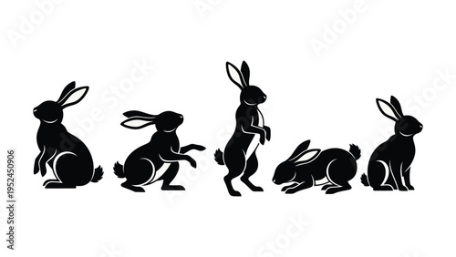 A collection of black silhouette rabbits in various dynamic poses