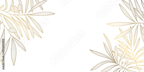 Vintage olive tree illustration, hand drawn branches and line art. Botanical vector gold corners design, Mediterranean Italian, Greek character, olive oil labels, food packaging