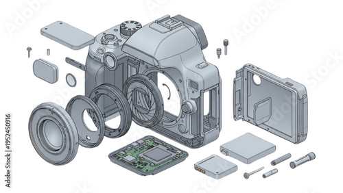 Digital camera exploded view, CAD engineering technical diagram