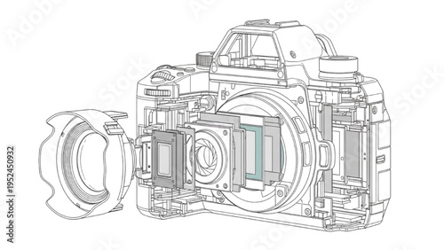 Digital camera cutaway view, CAD style technical illustration
