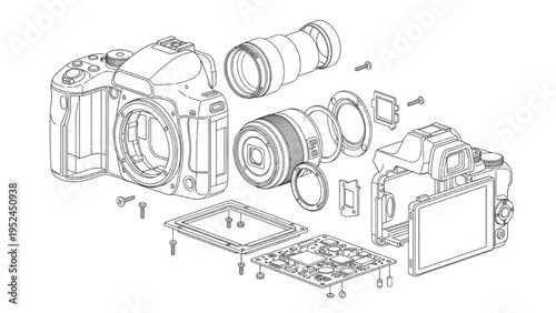 Digital camera assembly breakdown, CAD engineering technical drawing