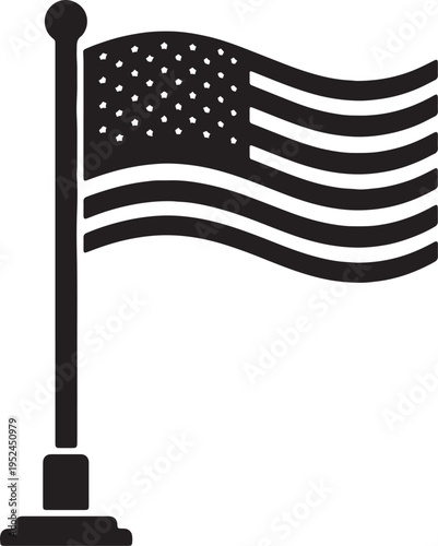 Black and white illustration of the american flag waving in the wind