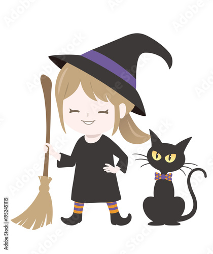 Cute Chibi Witch Girl with Broom and Black Cat in a Cauldron
