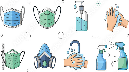 Hygiene and Virus Protection Vector Illustration Set Featuring Face Masks, Hand Washing, Sanitizer, Respirator, Disinfectant Spray, and Cleaning Tools for Health Safety Awareness.
