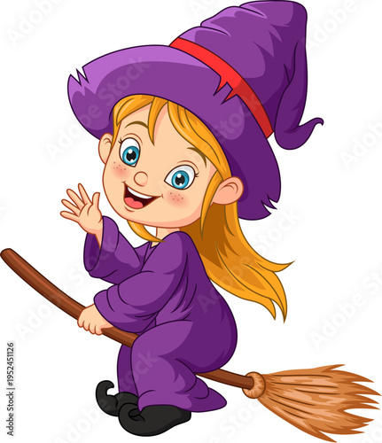Cartoon Illustration of a Happy Little Witch Flying on a Broomstick