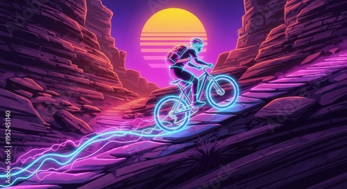 Retro 80s Cyclist Neon Mountain Trail Sunset Synthwave Retrofuturism