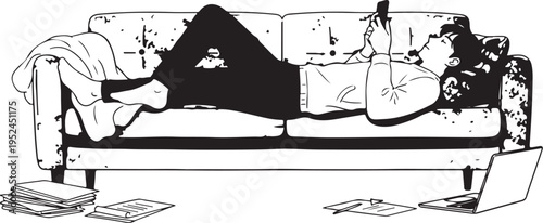 Relaxed woman lying on couch with laptop and books