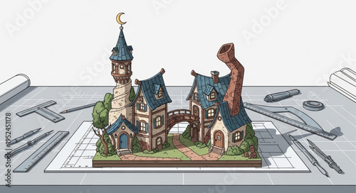 Detailed Model of a Whimsical Fantasy Village on Architectural Plans.