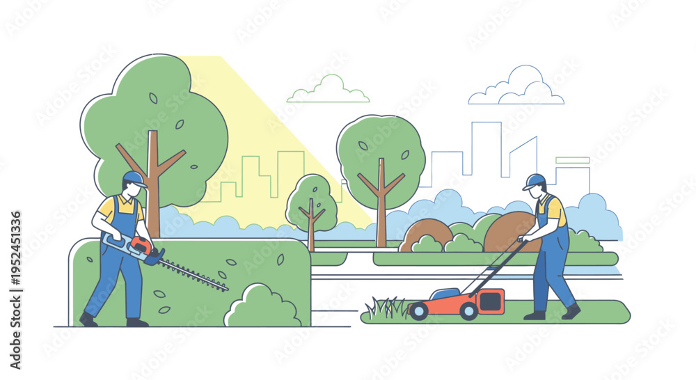 Fototapeta premium Gardeners working in a park with lawnmower and hedge trimmer.
