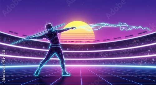 Retro Athlete Javelin Throwing in Neon Grid Stadium with Electric Energy