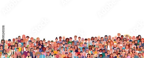 Crowd of various people seamless pattern. Adults, kids, teenagers, and seniors of different ethnicities. Vector illustration