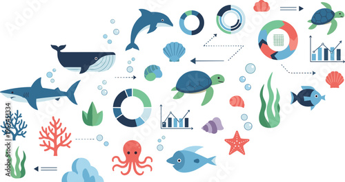 Marine Life and Ocean Ecosystem Vector Illustration Featuring Fish, Shark, Whale, Turtle, Coral, Sea Plants, and Aquatic Elements with Data Infographic Design Style.