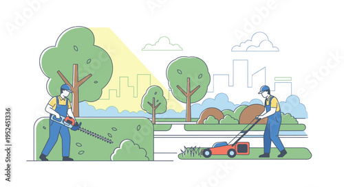 Gardeners working in a park with lawnmower and hedge trimmer.