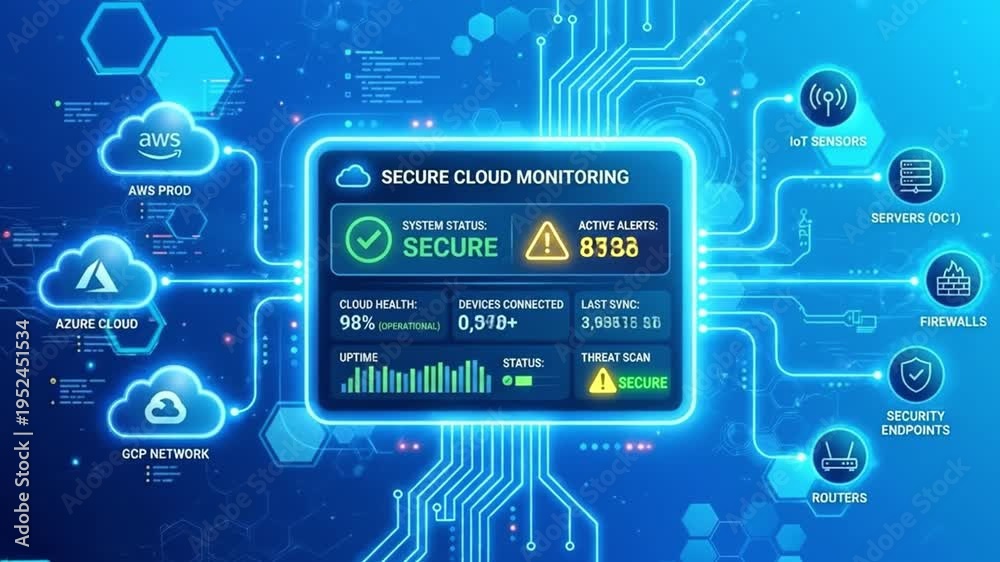 Secure cloud monitoring system with digital interface showing network ...