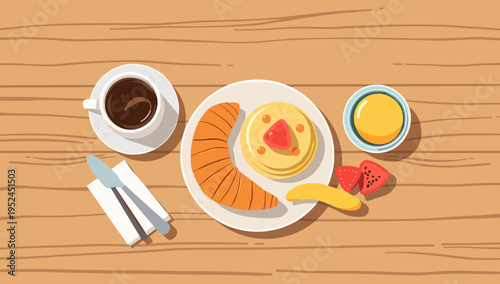 A warm and inviting scene of a coffee cup and cutlery on a woodgrain table. Perfect for illustrating concepts of relaxation, pause, or a casual busine