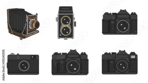 Vintage camera icons set, flat vector silhouette collection