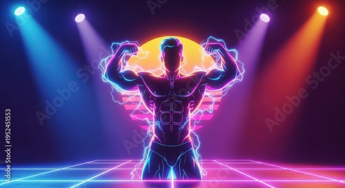 Retro Bodybuilder Flexing Neon Lights Retrofuturism 80s Synthwave Vibe