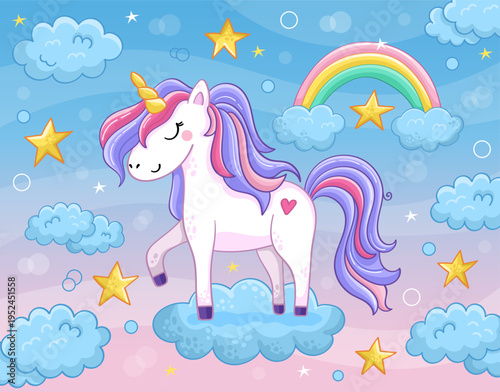 Cute fairytale unicorn  in the sky with fluffy clouds on a bright background.  Vector illustration in a cartoon style.