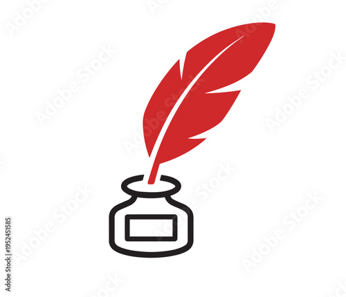 A classic red feather quill pen stands upright in a black outline inkwell with a white label for writing