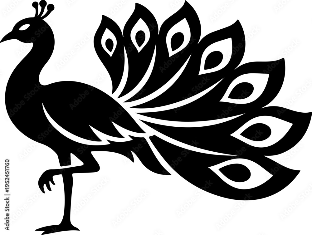 Fototapeta premium A majestic black peacock stands proudly in a serene natural setting with its vibrant feathers on full display.