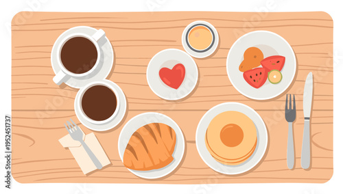A minimalist, flat-lay illustration depicting a coffee cup and silverware on a wooden surface. Ideal for blog posts, websites, or social media content